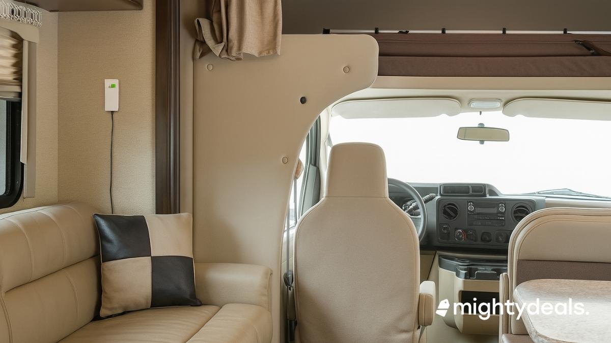 Interior of an RV during daytime, showing a beige leather sofa with a black-and-tan checkered pillow on the left, a wall-mounted temperature monitor, and the driver's cabin with a beige captain’s chair, dashboard, and a marble-top dining table on the right. Natural light enters through the window with blinds.