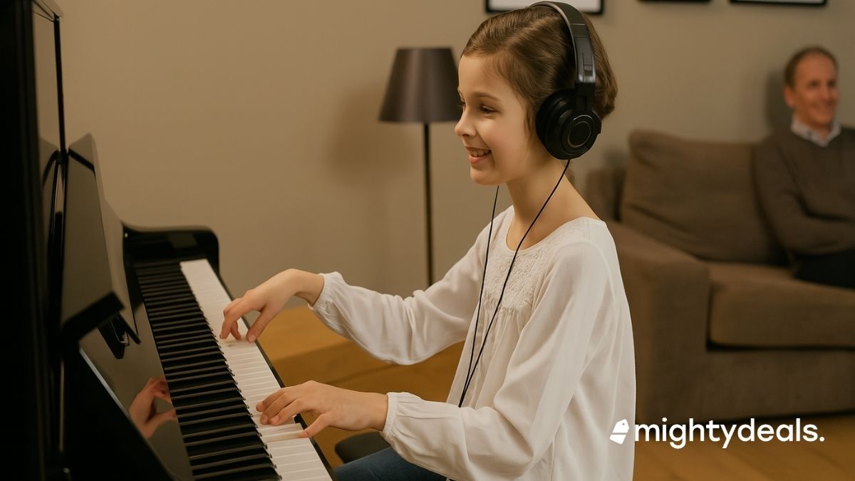 A young girl wearing headphones plays a black upright piano in a cozy living room. She is smiling, dressed in a white blouse and jeans, with a man seated on a beige sofa in the background, watching her proudly.