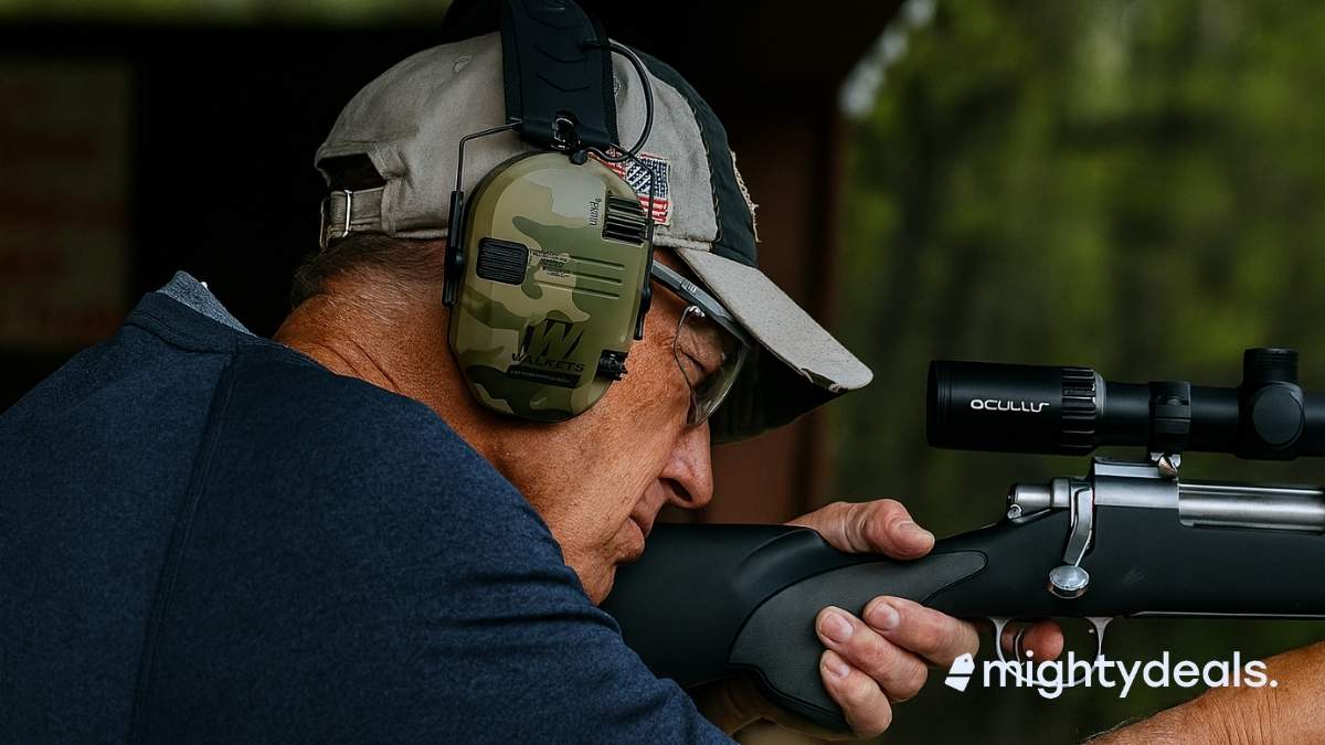 A man wearing camo-style noise-cancelling earmuffs, a cap, and safety glasses aims a scoped rifle at a shooting range, surrounded by a wooded background.