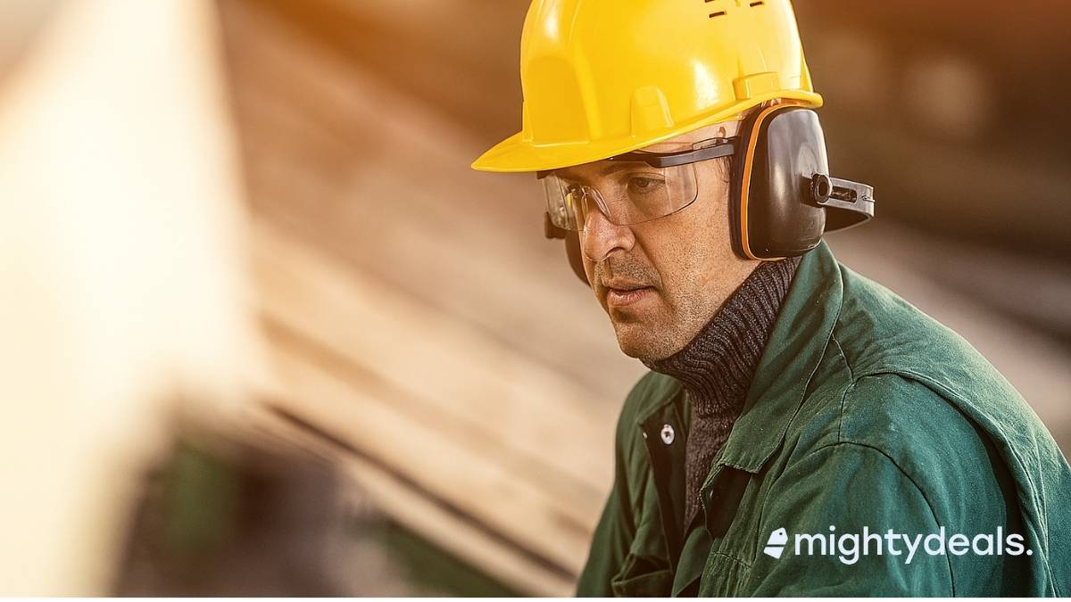 A construction worker wearing a yellow hard hat, black earmuff-style hearing protection, clear safety glasses, and a green work jacket, focused on a task at a sunlit job site.