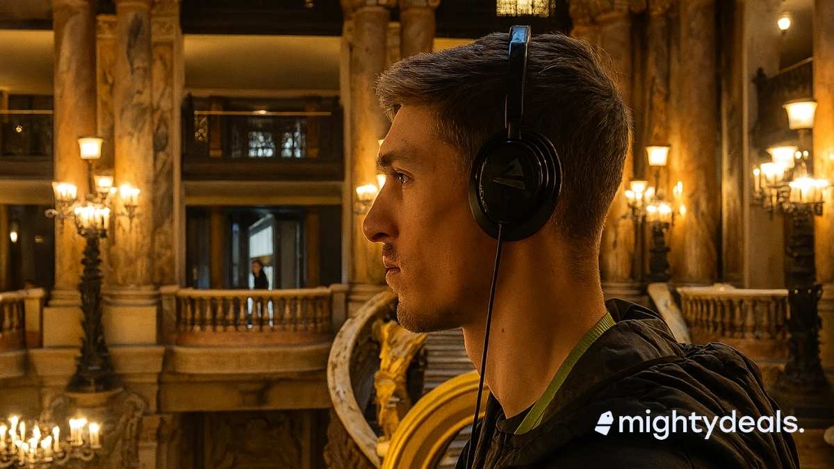 A photograph of a young man in profile features him wearing black over-ear headphones, standing in an opulent interior with grand marble columns, ornate golden railings, chandeliers, and statues, creating a majestic, classical ambiance.