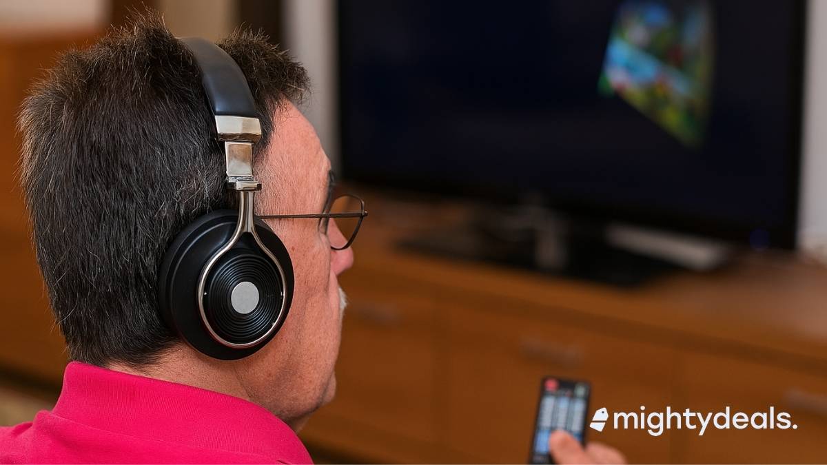 An older man wearing large over-ear headphones and a bright pink polo shirt sits in front of a TV, holding a remote control, watching a program in a cozy living room.