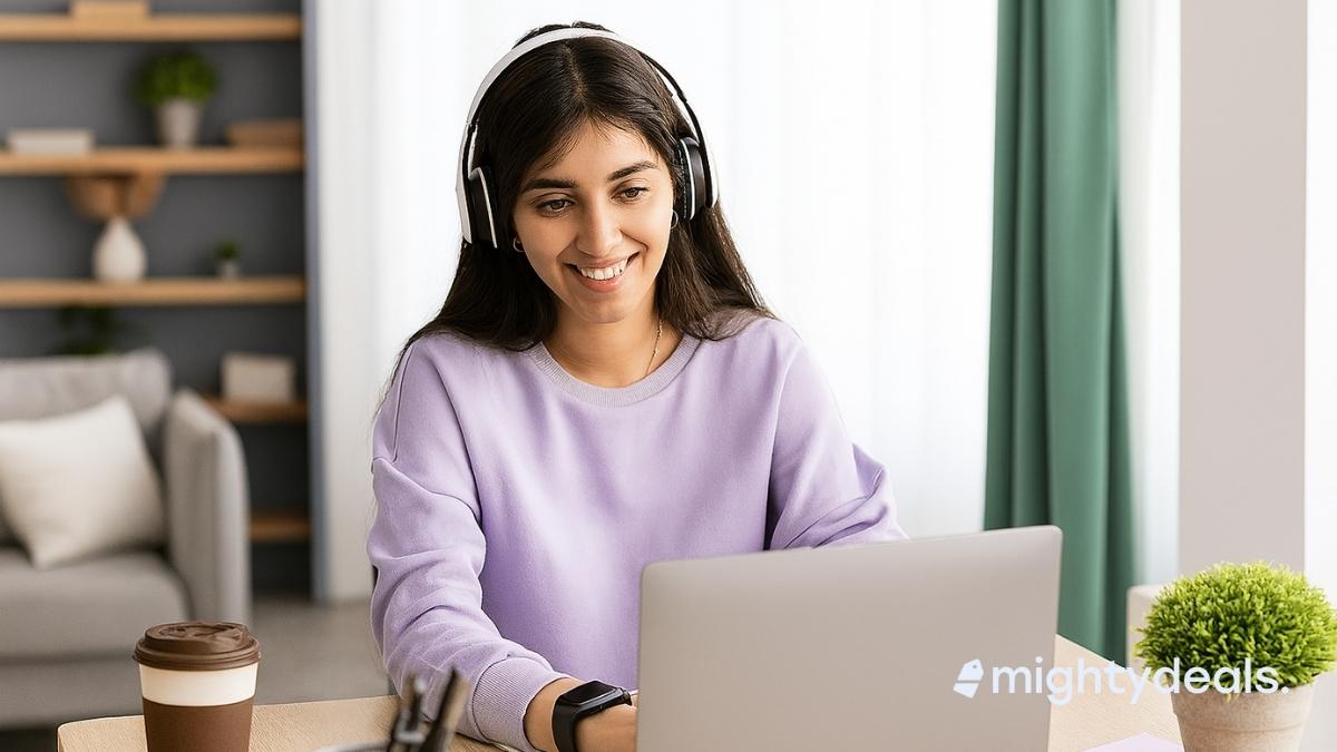 A young woman wearing black over-ear headphones and a lavender sweatshirt sits at a wooden desk, smiling while working on a laptop in a bright, cozy room. A coffee cup, pen holder, potted plant, and sticky notes are also on the desk, with shelves and a green curtain in the background.