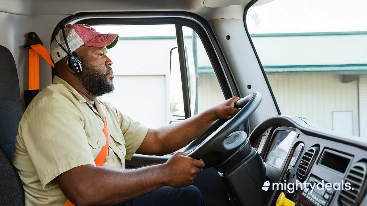 A truck driver wearing a red cap and beige shirt drives a commercial truck during the day. He is focused on the road and wearing a Bluetooth headset, with both hands on the steering wheel. The truck’s interior and a building with green roofing are visible through the window.