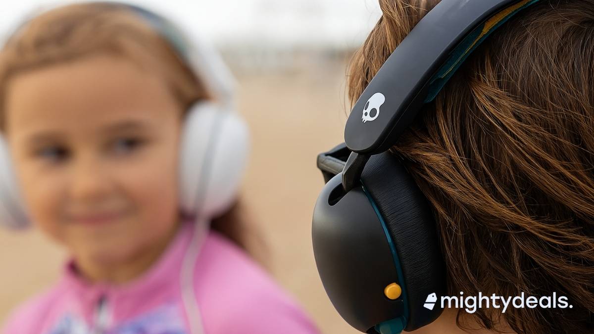 Two children wearing headphones are outdoors. A girl in a pink and purple outfit with white headphones is slightly blurred in the background, smiling. In the foreground, a boy with brown hair wears black Skullcandy headphones with teal and yellow accents, facing the girl.