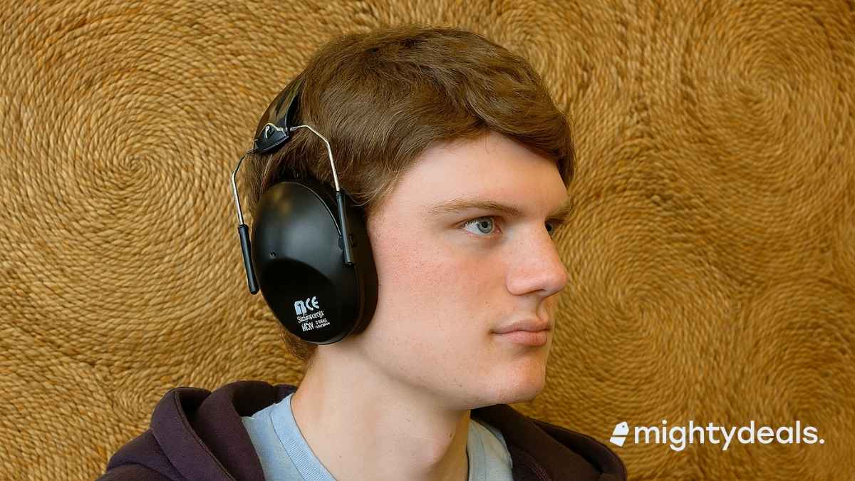 A young man wearing black noise-reducing earmuffs sits against a woven, spiral-patterned background. He has short brown hair and wears a light blue shirt with a dark hoodie, looking calmly ahead.