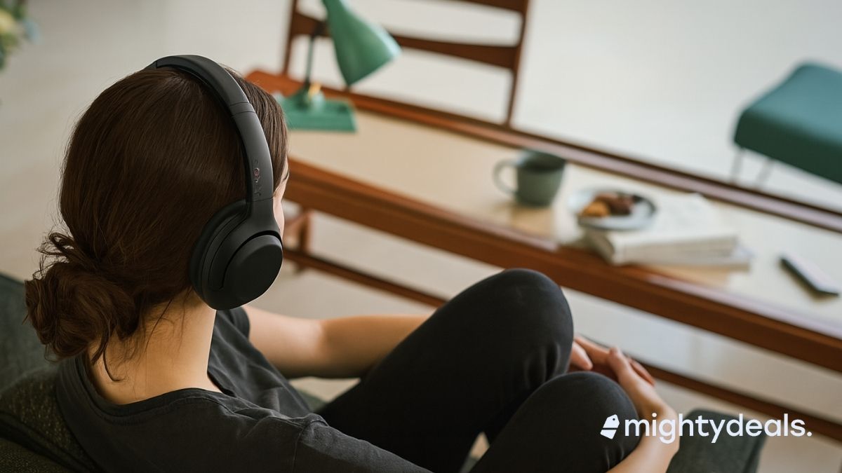 A woman with dark brown hair in a low bun relaxes on a couch wearing black over-ear Sony headphones. She faces a wooden coffee table with a green desk lamp, a mug, snacks, and a stack of books in a cozy, softly lit living room.