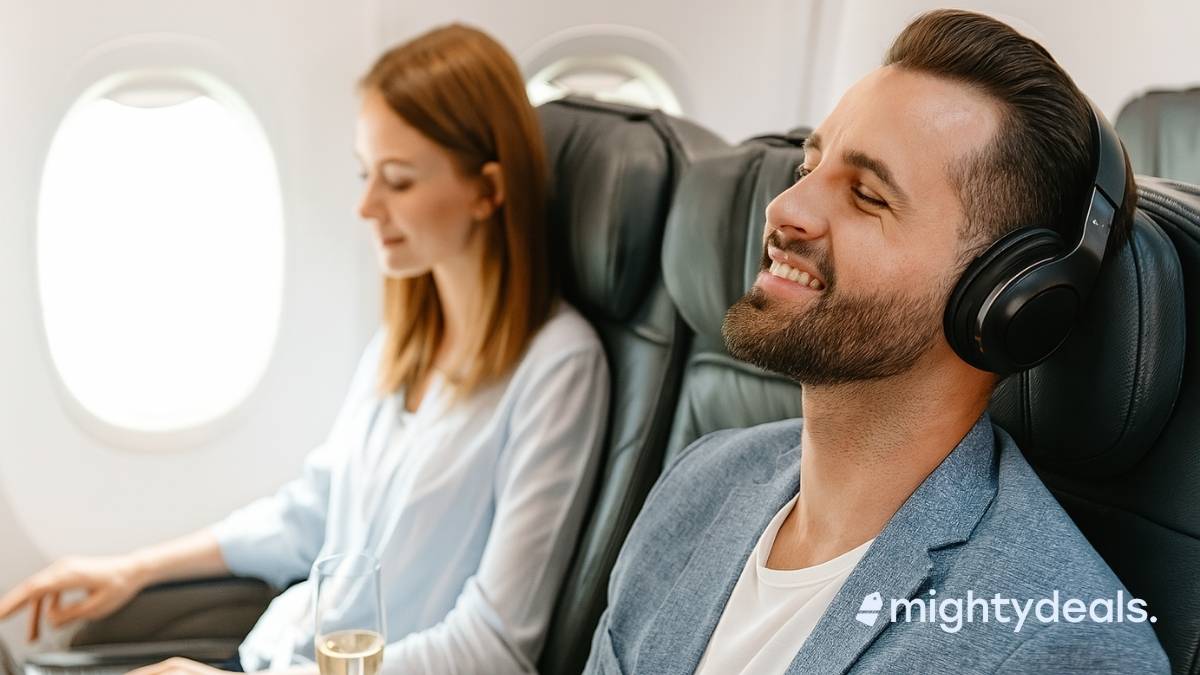 A man relaxes and smiles while wearing black noise-canceling headphones on an airplane, leaning back in his seat. Beside him, a woman works on a laptop with a glass of champagne on her tray table. Sunlight streams through the nearby windows, creating a calm and comfortable travel atmosphere.