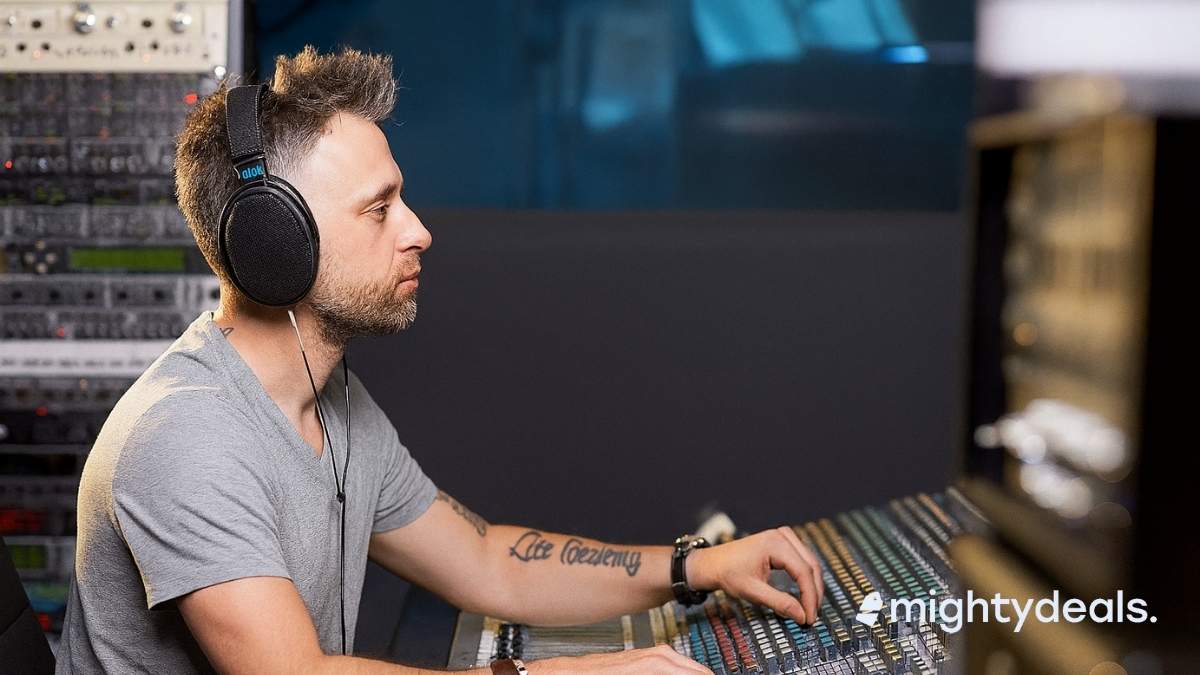 A sound engineer wearing over-ear headphones adjusts a professional mixing console in a recording studio. He has a short fauxhawk, a beard, and a visible forearm tattoo that reads "Life Decisions." The room is filled with audio equipment and softly lit, highlighting the detailed control panel.