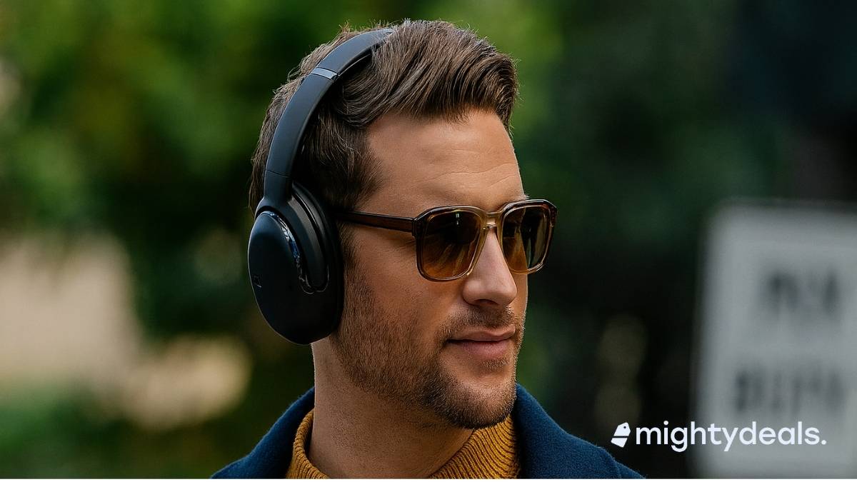 A stylish man wearing dark over-ear headphones and tortoise-shell sunglasses walks outdoors. He has short brown hair, light facial stubble, and is dressed in a mustard sweater under a navy coat. The background is softly blurred with greenery and an out-of-focus street sign.